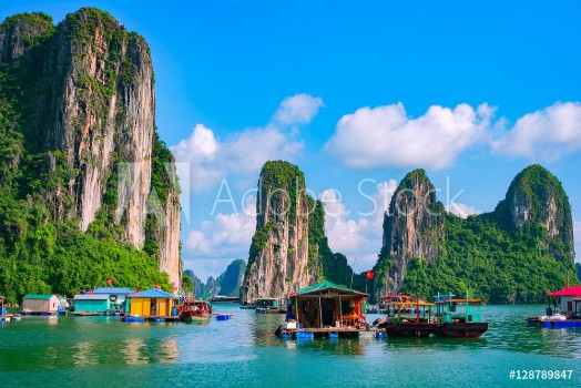 Picture of Floating fishing village and rock island in Halong Bay Vietnam Southeast Asia UNESCO World Heritage Site Junk boat cruise to Ha Long Bay Landscape Popular landmark famous destination of Vietnam